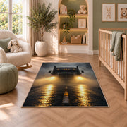 Semi truck headlights in fog rug in a nursery with a crib and armchair