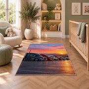 Semi trucks at a truck stop at sunrise rug in a nursery with a crib and armchair