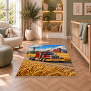Semi truck on a country road rug in a nursery with a crib and armchair