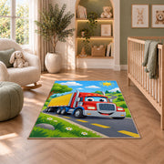 Cute cartoon semi truck rug in a nursery with a crib and armchair