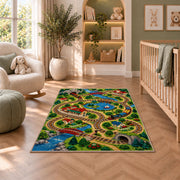 Train Track Play Rug in a nursery with a crib and armchair