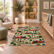 Train Pattern Rug in a nursery with a crib and armchair
