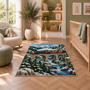 Mountain Train Bridge Rug in a nursery with a crib and armchair