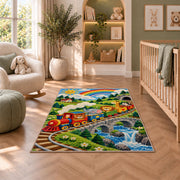 Wooden Toy Train Rug in a nursery with a crib and armchair