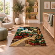 Vintage Train Station Rug in a nursery with a crib and armchair