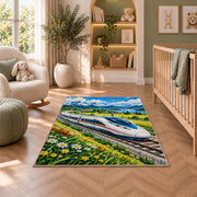 High Speed Train Rug in a nursery with a crib and armchair