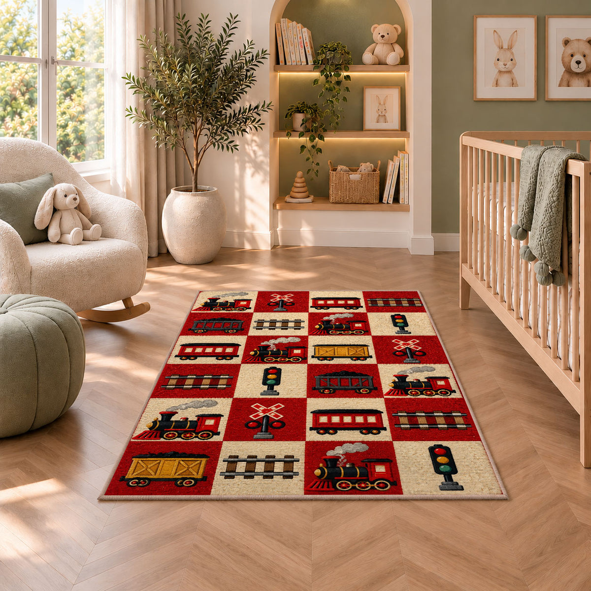 Retro Train Checkered Rug in a nursery with a crib and armchair