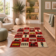 Retro Train Checkered Rug in a nursery with a crib and armchair