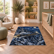 Winter Night Train Rug in a nursery with a crib and armchair