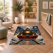Steam Locomotive Front View Rug in a nursery with a crib and armchair