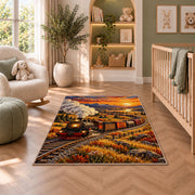 Freight Train Sunset Rug in a nursery with a crib and armchair