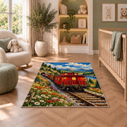Red Caboose Rug in a nursery with a crib and armchair