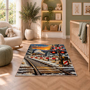 Railroad Crossing Rug in a nursery with a crib and armchair