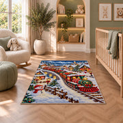 Christmas Village Train Rug in a nursery with a crib and armchair