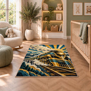 Art Deco Train Rug in a nursery with a crib and armchair