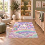 white unicorn on a rainbow rug in a nursery with a crib and armchair