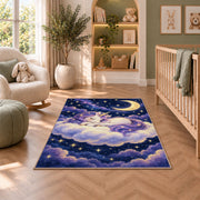 unicorn sleeping on a cloud rug in a nursery with a crib and armchair