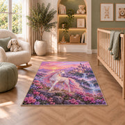 unicorn before a fairytale castle rug in a nursery with a crib and armchair