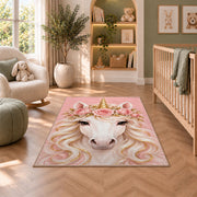 unicorn face with flower crown rug in a nursery with a crib and armchair
