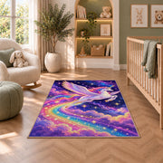 winged unicorn flying through stars rug in a nursery with a crib and armchair