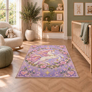 leaping unicorn in a floral wreath rug in a nursery with a crib and armchair