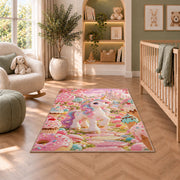 unicorn in a candy garden rug in a nursery with a crib and armchair