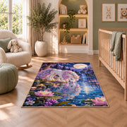 unicorn drinking at a moonlit lake rug in a nursery with a crib and armchair