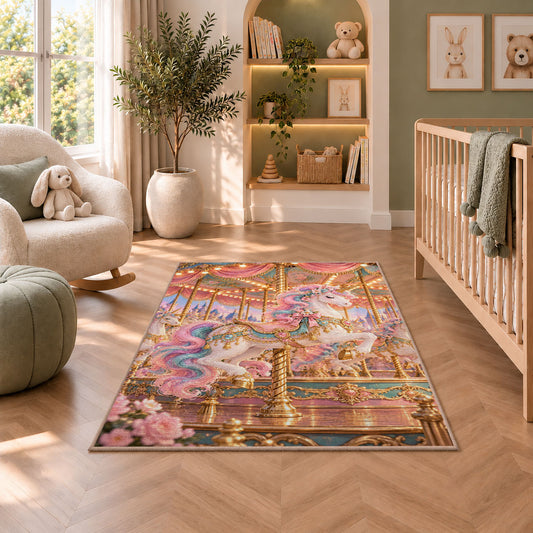 carousel unicorn rug in a nursery with a crib and armchair