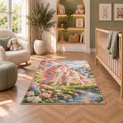 mother and baby unicorn rug in a nursery with a crib and armchair