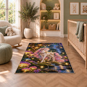 unicorn in an enchanted forest rug in a nursery with a crib and armchair