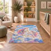 unicorn on clouds with double rainbow rug in a nursery with a crib and armchair