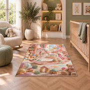 unicorn rocking horse in a playroom rug in a nursery with a crib and armchair