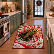 A cheerful gingerbread figure with a green bow pops out of a bold peppermint spiral; rug shown in a holiday kitchen