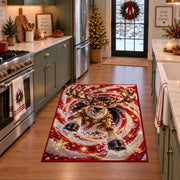 A smiling reindeer with a bell collar emerges from sweeping red and golden spiral rings; rug shown in a holiday kitchen