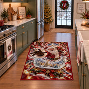 Santa reaches out from a sparkling snow globe containing a miniature snowy village; rug shown in a holiday kitchen