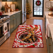 A friendly gingerbread figure steps out of a swirling cookie-filled tunnel; rug shown in a holiday kitchen