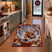 A smiling reindeer emerges from a blue snow spiral surrounded by golden lights and snowy branches; rug shown in a holiday kitchen