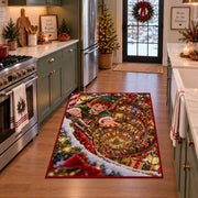 A smiling elf leans over a sweeping spiral of glowing toys and wrapped presents; rug shown in a holiday kitchen