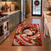 Santa peeks out of a sparkling candy cane spiral with a white-gloved hand resting in front; rug shown in a holiday kitchen