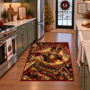 A decorative nutcracker soldier in an ornate red and blue uniform holds a golden sword within glowing spiral rings; rug shown in a holiday kitchen