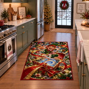 A cheerful elf rises above an open gift box spilling a blue and golden swirl; rug shown in a holiday kitchen