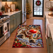 A playful reindeer with a bright red nose leaps forward above a snowy blue village; rug shown in a holiday kitchen