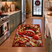 A friendly red furry monster wearing a Santa hat reaches through a glowing spiral of presents; rug shown in a holiday kitchen