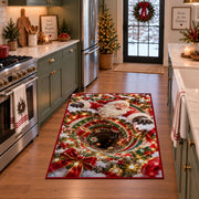 Santa appears above a deep red and green spiral edged with glowing golden lights; rug shown in a holiday kitchen
