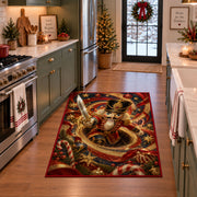 A red-uniformed nutcracker soldier holds a shining sword as it emerges from a golden spiral; rug shown in a holiday kitchen