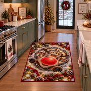 A cheerful reindeer with a large red nose peeks through snowy rings of golden lights; rug shown in a holiday kitchen