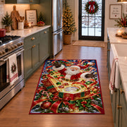 Santa rises above an open present filled with glowing golden spiral rings; rug shown in a holiday kitchen