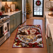 Santa reaches forward over a golden-lit winter village encircled by swirling snow; rug shown in a holiday kitchen