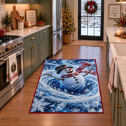 A smiling snowman in a black top hat and flowing red scarf stands within swirling snow; rug shown in a holiday kitchen