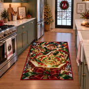 A smiling elf appears above a glowing gift box filled with green and golden swirls; rug shown in a holiday kitchen